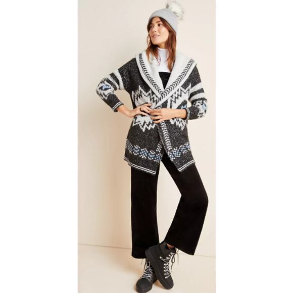 Anthropologie Nia Hooded Geometric Cardigan Gray White Blue Wool Blend S Petite - Picture 1 of 9